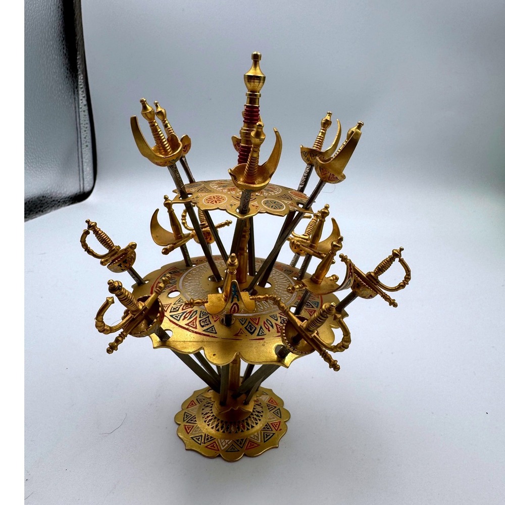 Vintage Toledo Spain Damascene Sword Cocktail Pick Set 12 Piece Gold Tone Stand